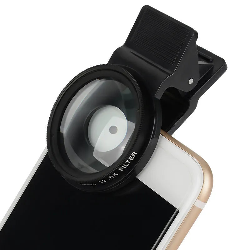 Smartphone macro close-up lens with 37mm diameter aluminum alloy frame and clip attachment