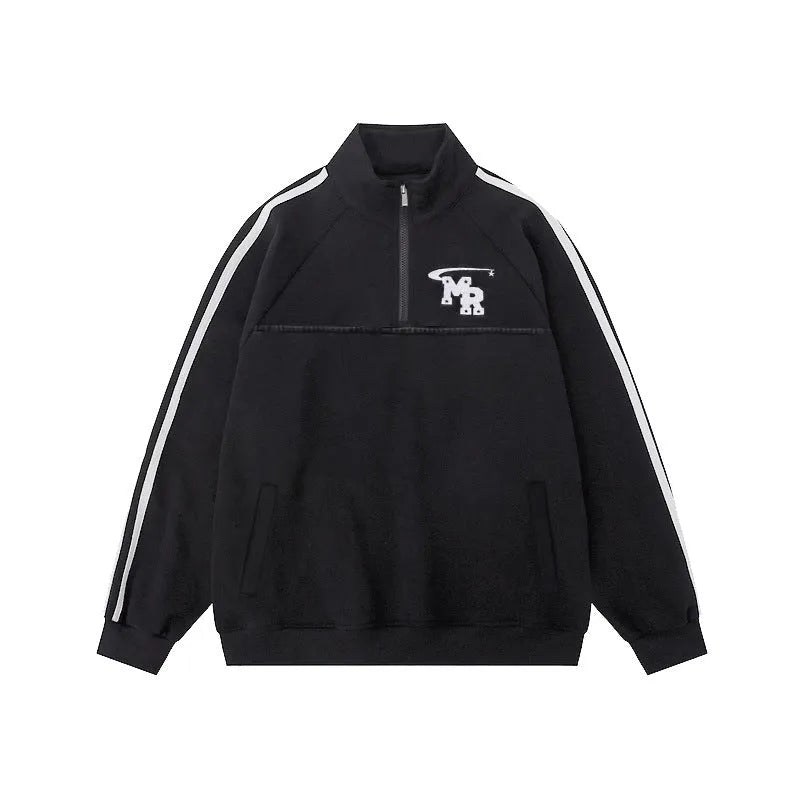 Black polyester sports hoodie with stand collar and long sleeves
