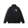 Black polyester sports hoodie with stand collar and long sleeves