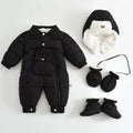 Thickened baby crawler suit with detachable hood in white, long jumpsuit with zippered front and matching hat, gloves and shoe covers