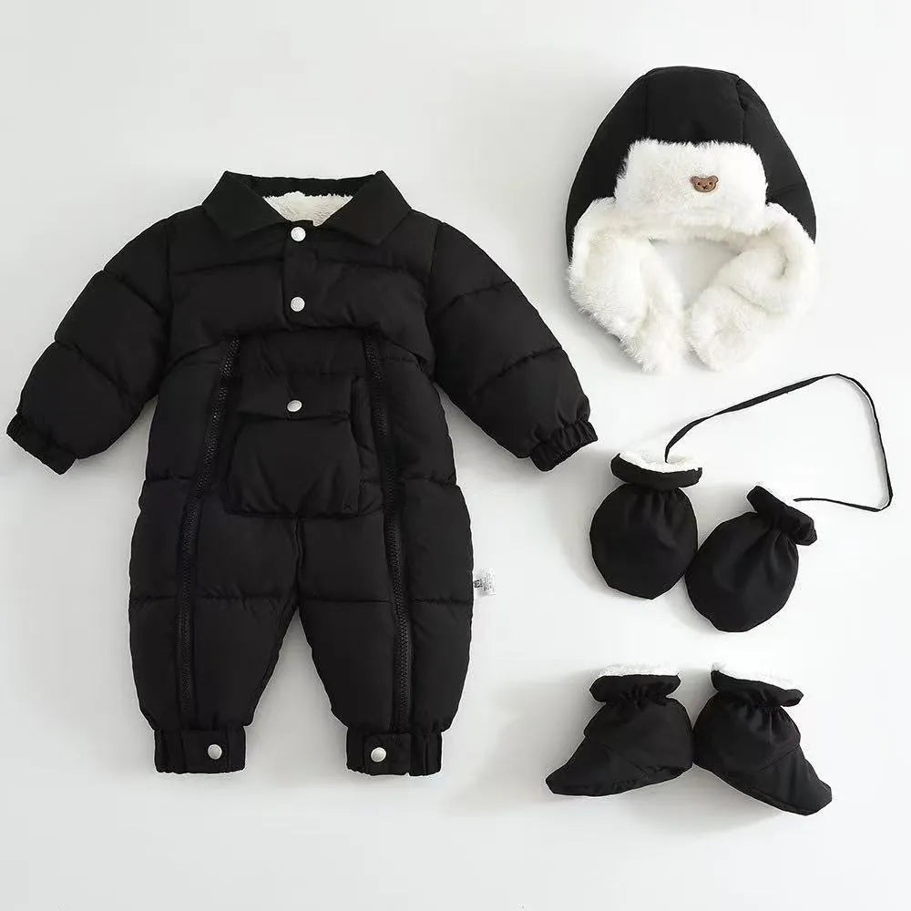 Thickened baby crawler suit with detachable hood in white, long jumpsuit with zippered front and matching hat, gloves and shoe covers