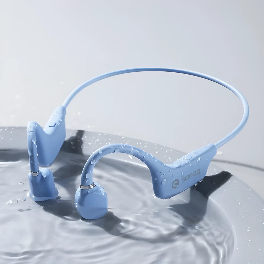 Bone conduction Bluetooth headphones with a neckband, shown in one of six available colours.
