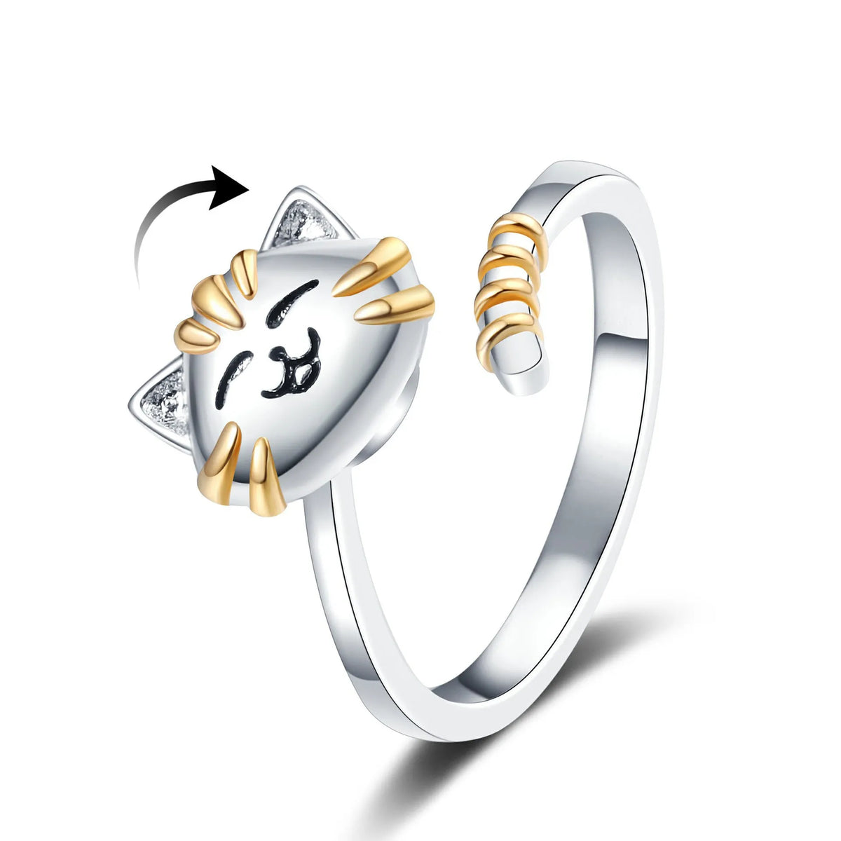 Adjustable cat ring for women in white gold colour copper with open band and cartoon cat design