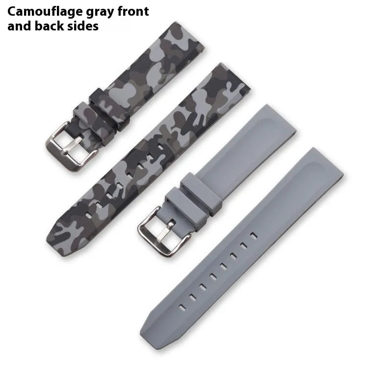 Green, blue, and grey camouflage silicone watch strap showing 20mm, 22mm, and 24mm width options.