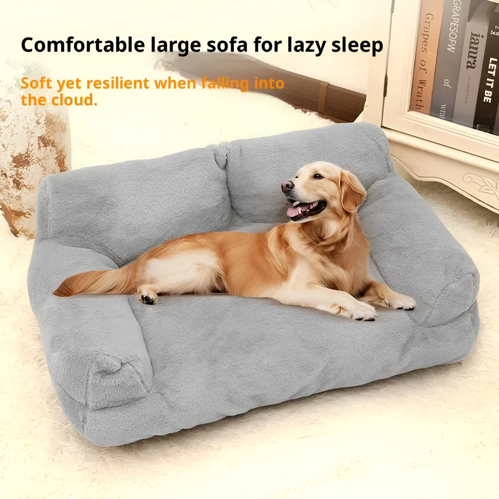 Large pink rabbit fur plush pet sofa bed for dogs with raised edges and anti-slip base