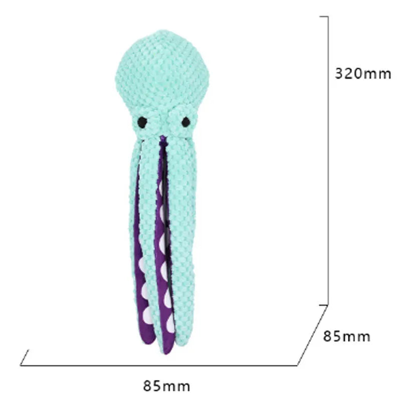 Blue plush squeaky dog toy with six long legs and cartoon design.