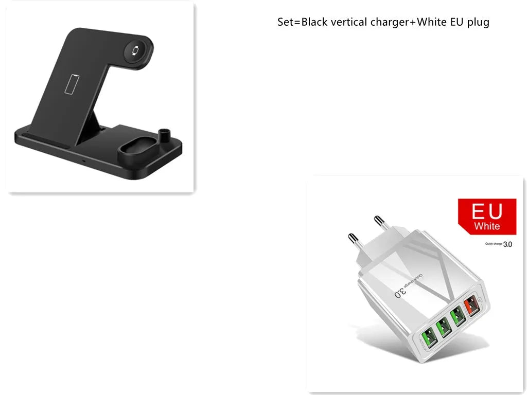 4-in-1 adjustable wireless charging station charging a phone, Apple Watch, and AirPods.