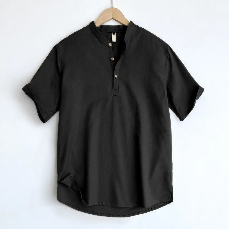 Men's solid colour short sleeve t-shirt in a cotton and linen blend, shown in optic linen.
