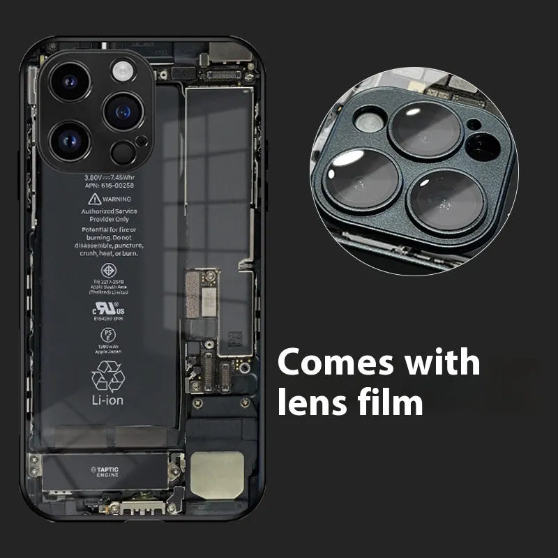Black glass circuit board phone case with lens protector for iPhone models