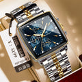 Square dial men's business watch with stainless steel strap on wrist, showing colour options.