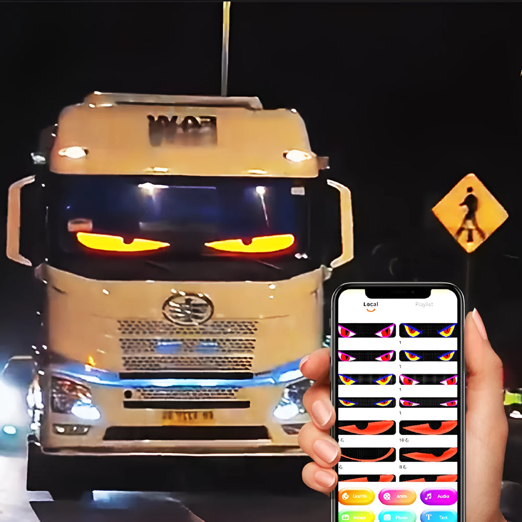 Flexible LED display for car windshield with animated eyes, 1500-2000nit brightness, USB interface, black and white design