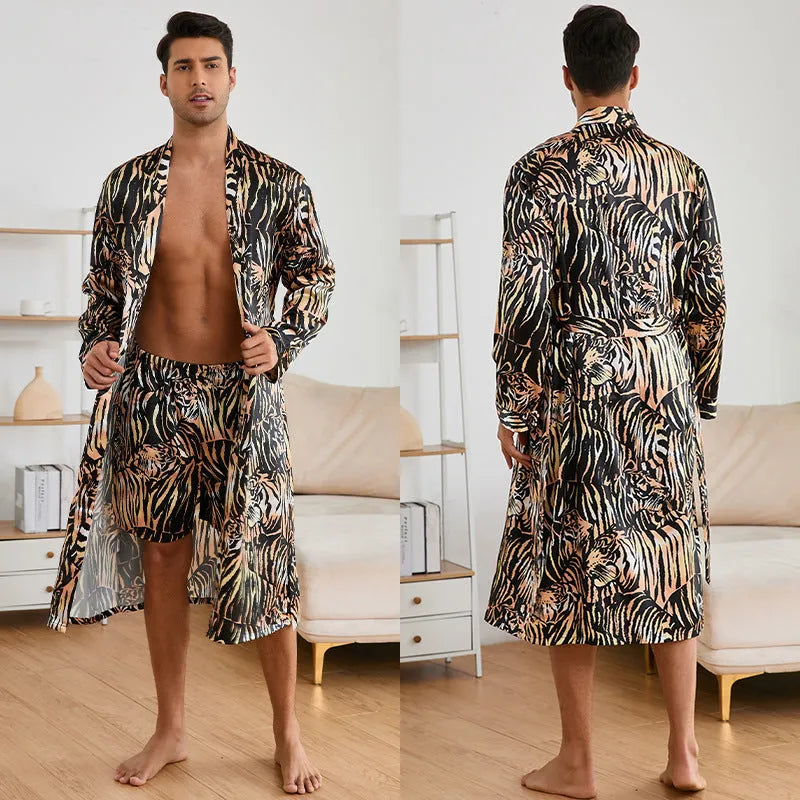 Men's tiger pattern bathrobe set with matching shorts in lightweight ice silk fabric