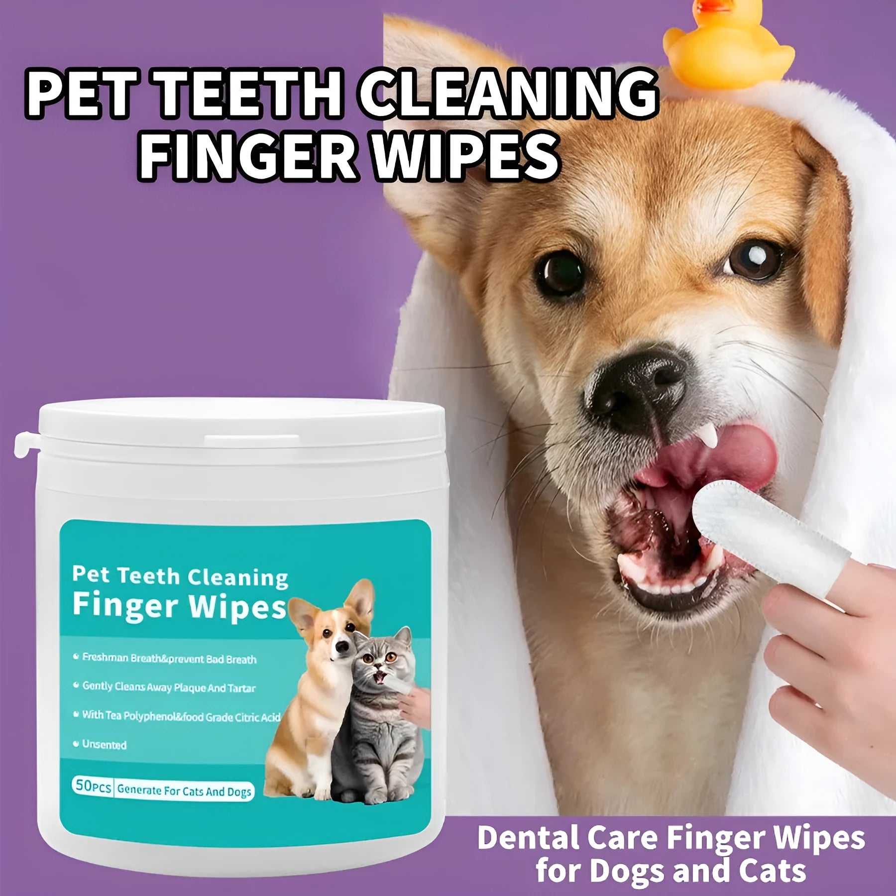 Box of disposable pet cleaning wipes for cat and dog ear care and teeth cleaning