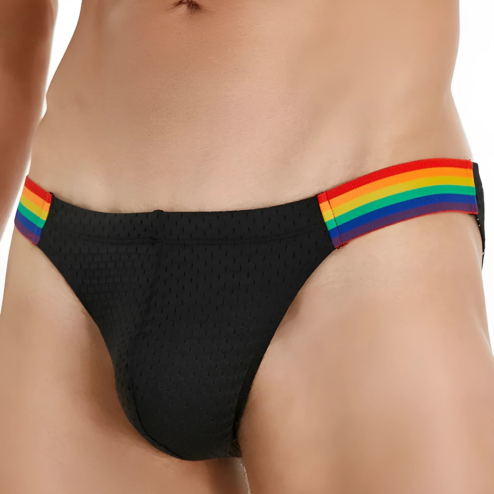 Men's nylon mesh briefs with low waist and rainbow waistband in black, dark blue, and white colours.