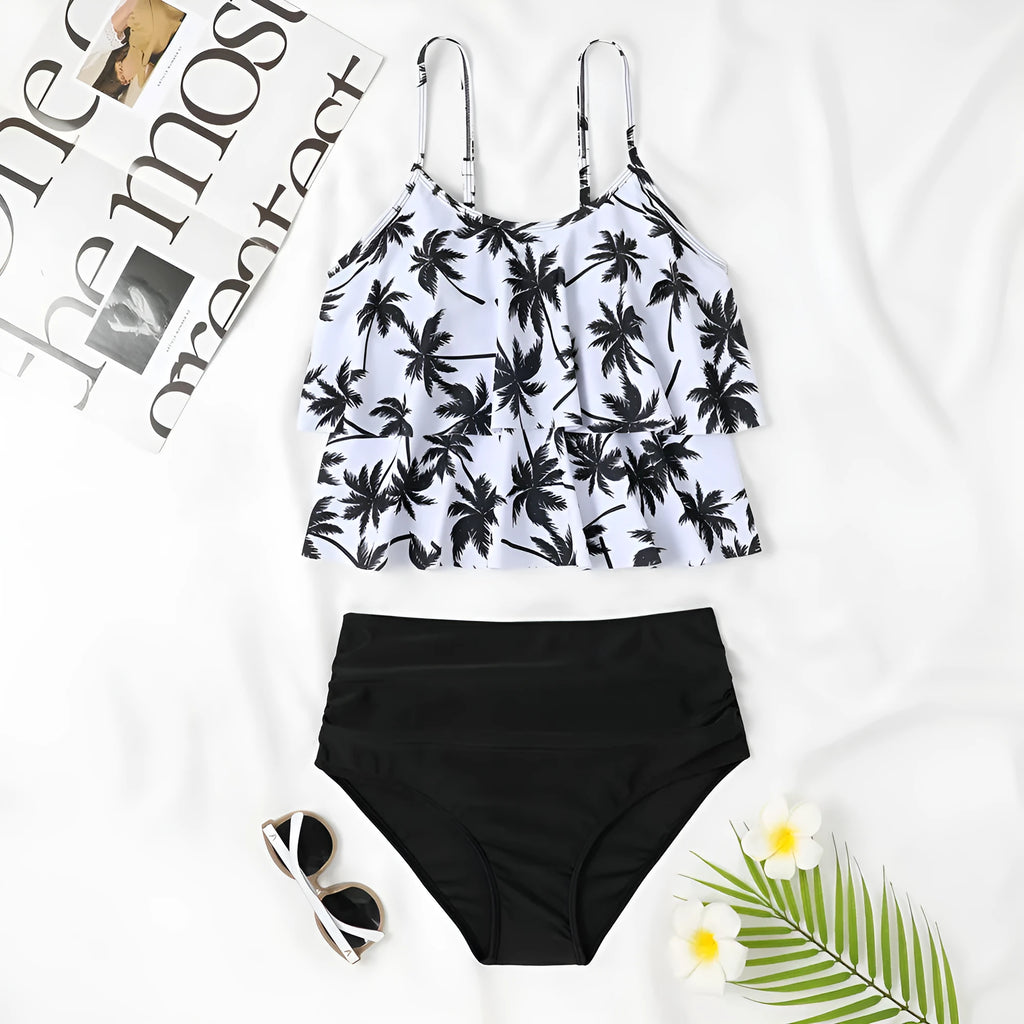 Women's high waist double-layer swimsuit bikini set in black or coconut tree floral print.