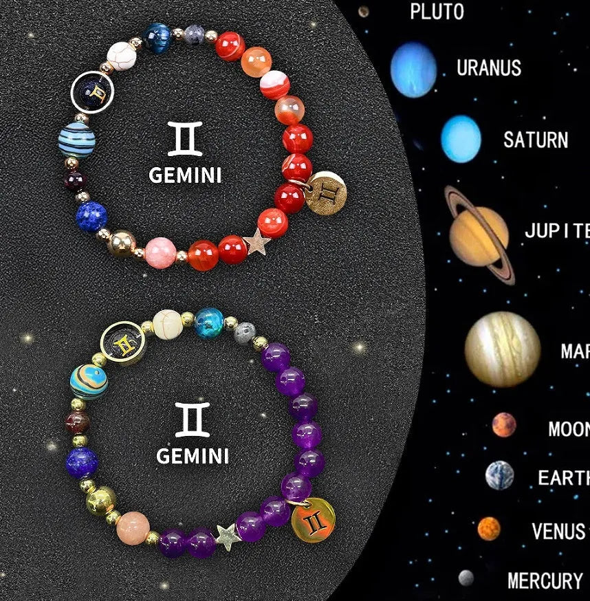 Set of two natural stone beaded bracelets for zodiac signs, showing different styles.