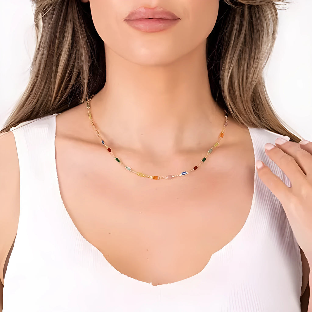 Geometric crystal necklace with electroplated alloy chain and glass pendant in random colours