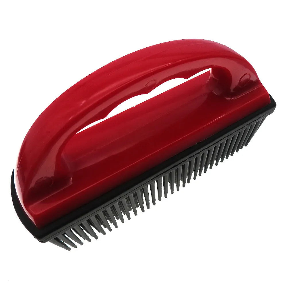 Red pet hair removal brush with non-slip handle for grooming and cleaning, dimensions 160mm by 85mm