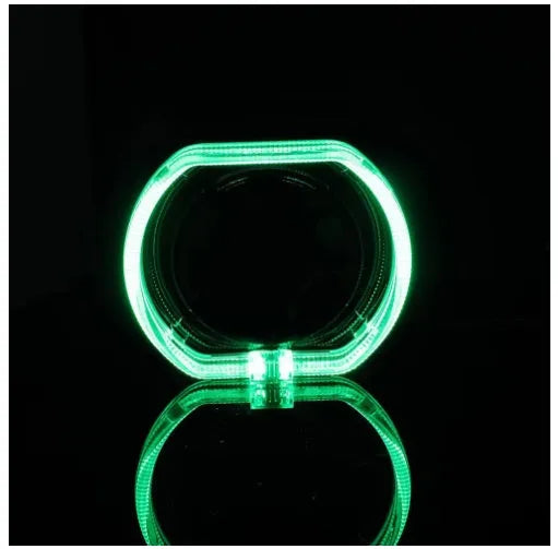 Black and silver vehicle angel eye mask light covers showing dual lens design and halo light effect.