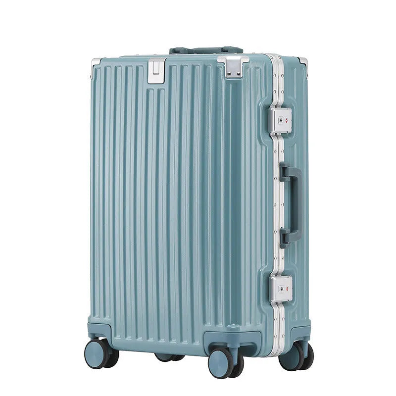 Aluminium frame hard shell ABS PC suitcase in avocado green with universal wheels.