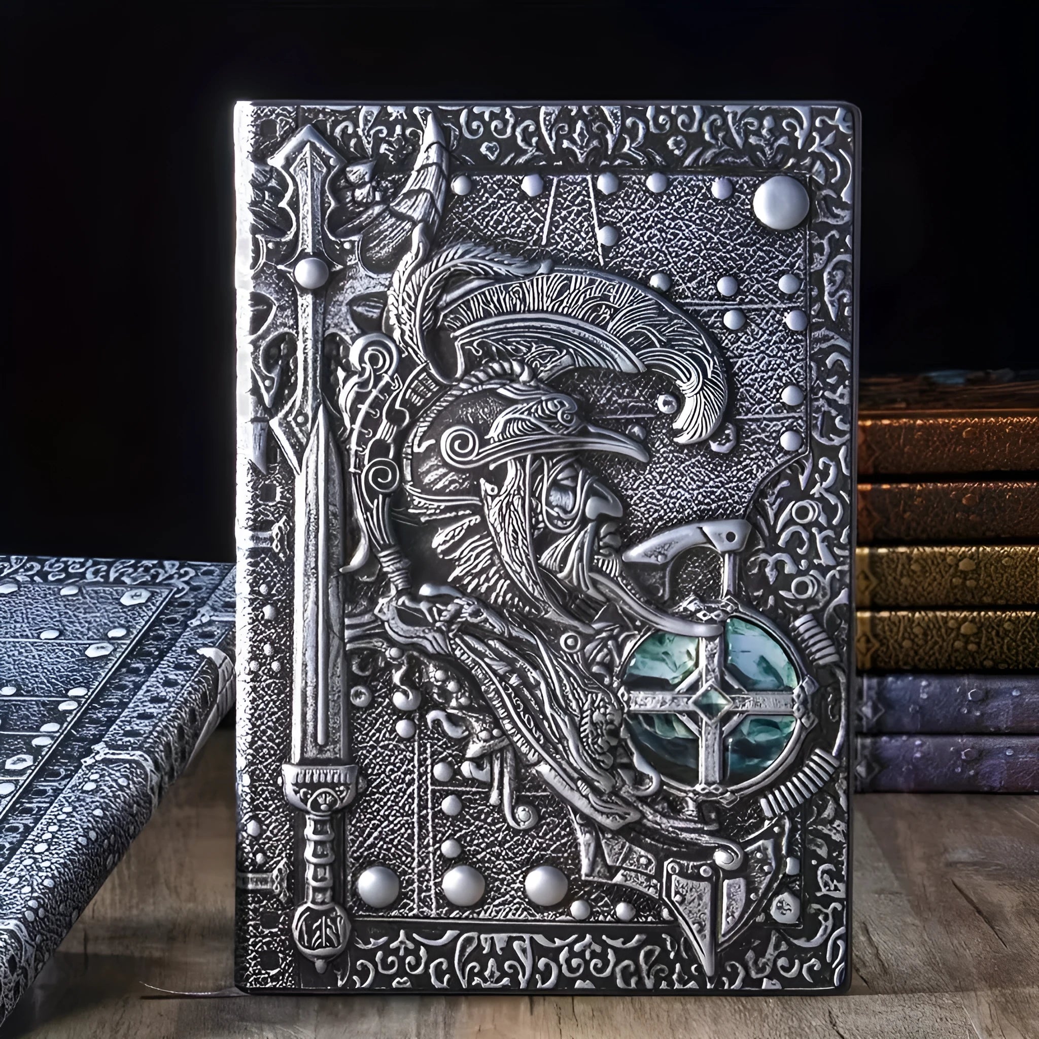 A5 leather notebook with an embossed 3D warriors relief design on the cover in bronze colour.