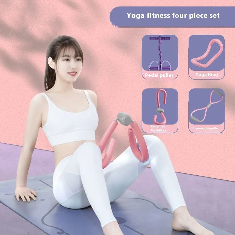 Four-piece yoga fitness set showing leg stretcher, yoga ring, pedal puller, and figure-eight tension rope.