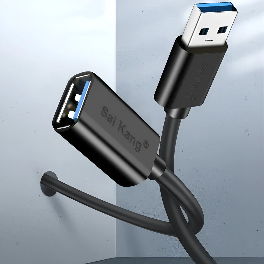 A black USB male to female extension cable showing the connector types, available in multiple lengths.