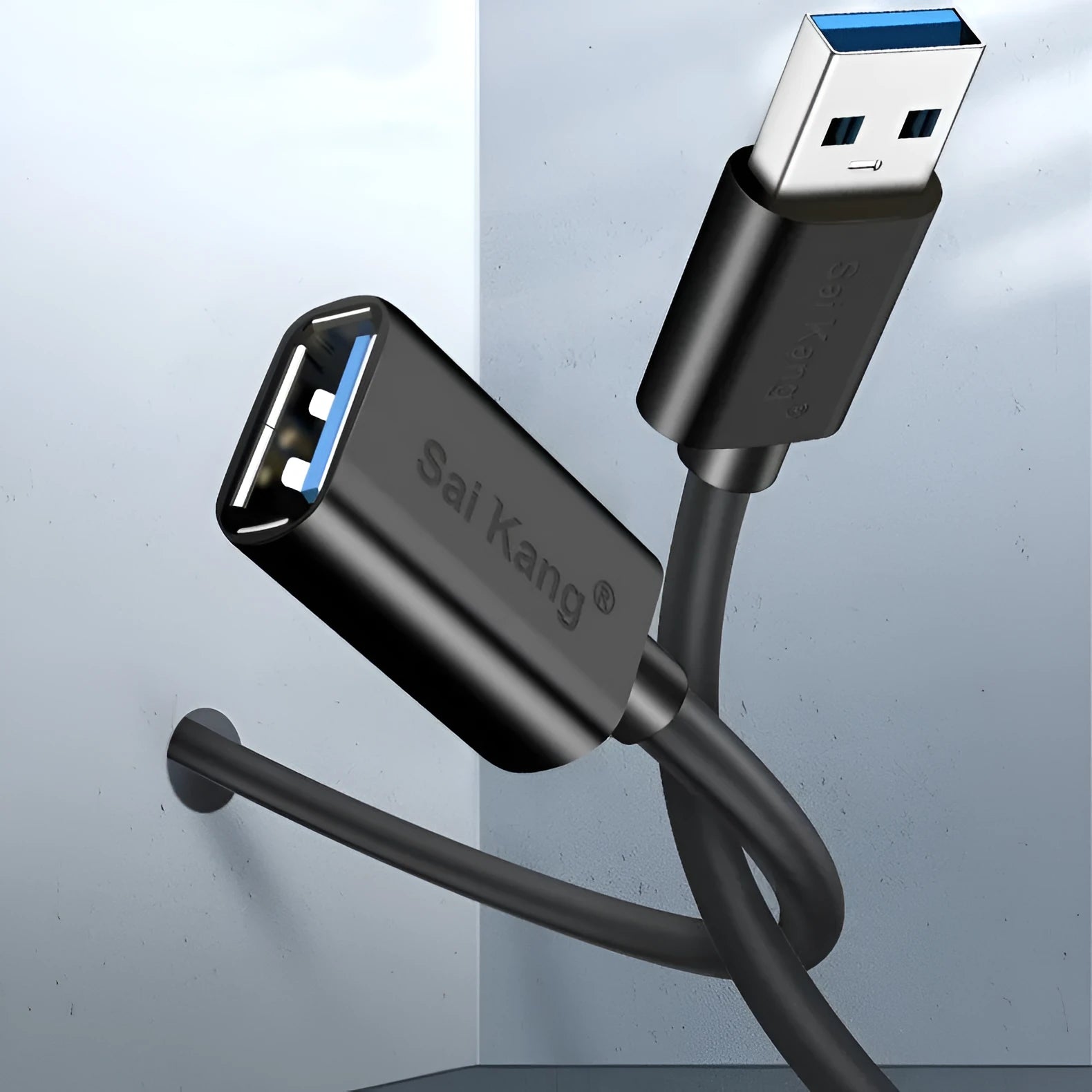 A black USB male to female extension cable showing the connector types, available in multiple lengths.