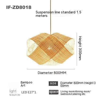 Bamboo woven rattan ceiling lamp with adjustable height mechanism in New Chinese style