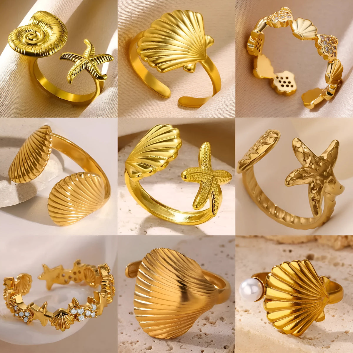 Gold plated stainless steel open ring with starfish and shell design for women's vacation jewellery