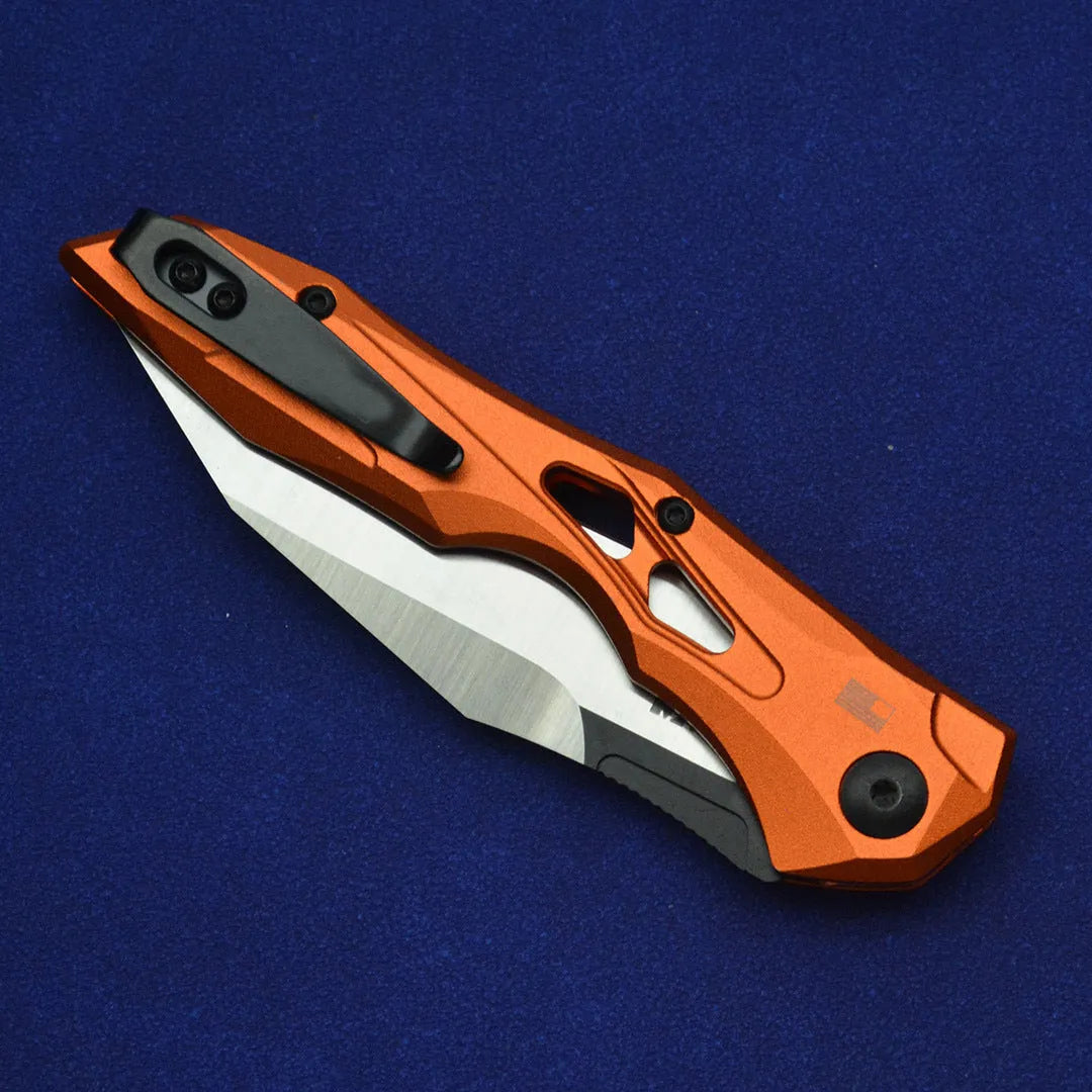 Black folding fruit knife with D2 steel blade and aluminium handle for camping and kitchen use