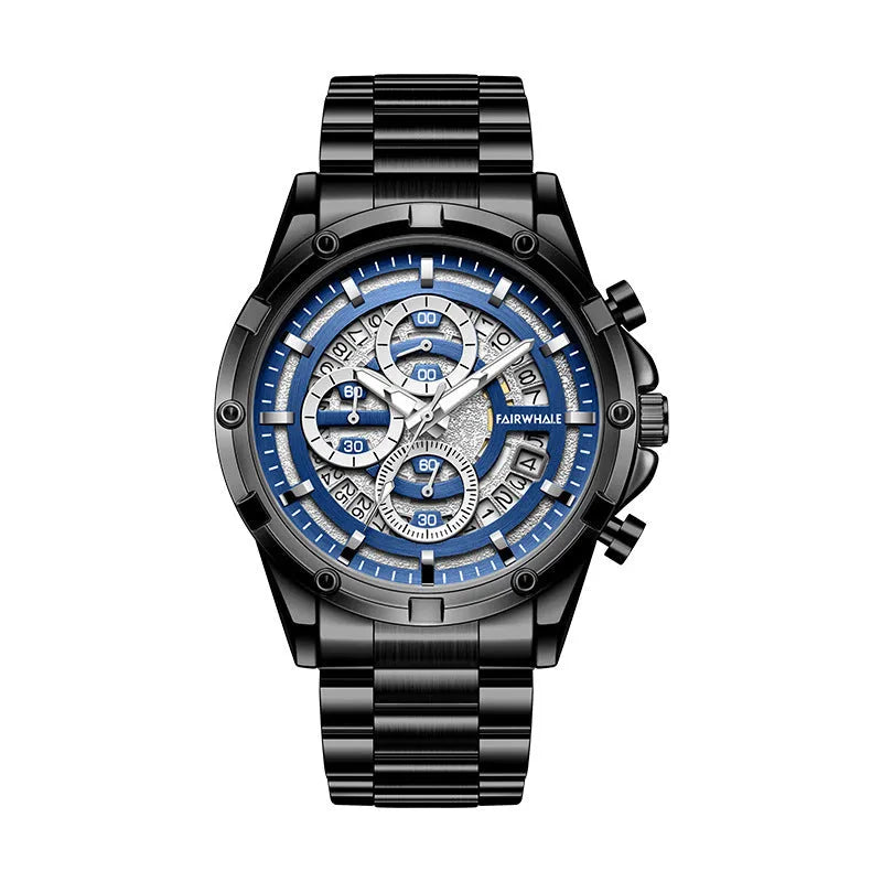 Men's stainless steel luminous quartz watch with a blue dial on a steel bracelet.