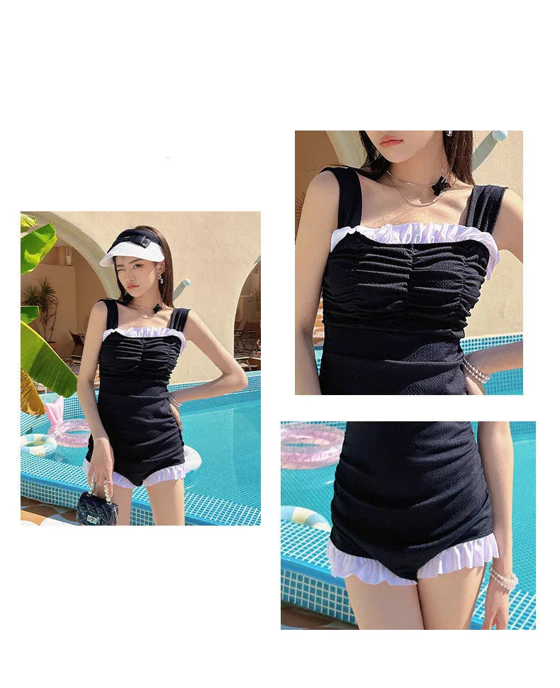 Women's black one-piece swimsuit jumpsuit with suspender straps for swimming