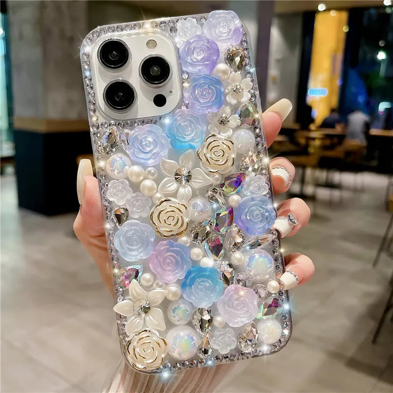 Full diamond rose flower TPU phone case for iPhone 15 Pro Max in red colour with anti-fingerprint finish