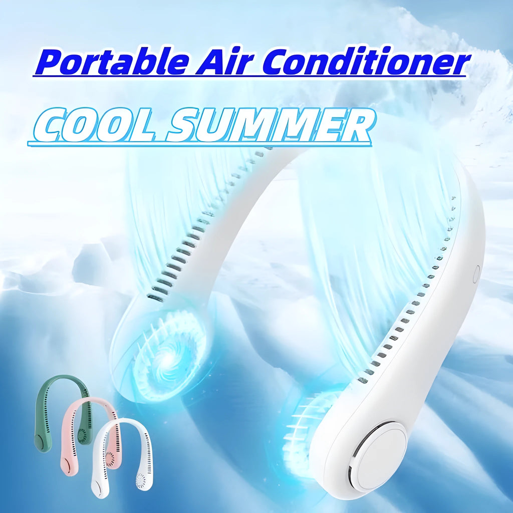 White bladeless neck fan worn around neck showing decentralised air outlet and minimalist design