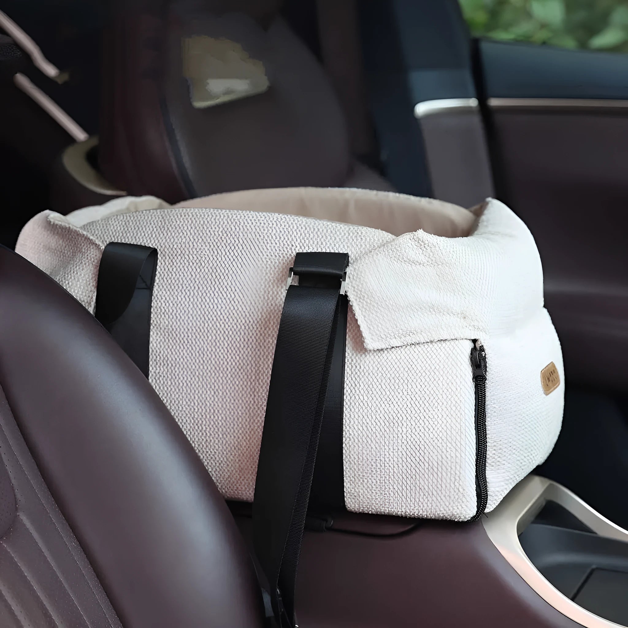 Beige polyester pet car nest and diaper bag with dimensions 23x20x40 cm
