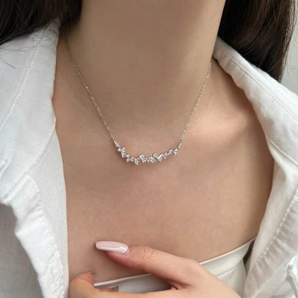 925 silver geometric zircon irregular necklace platinum finish on display with chain and pendant detail