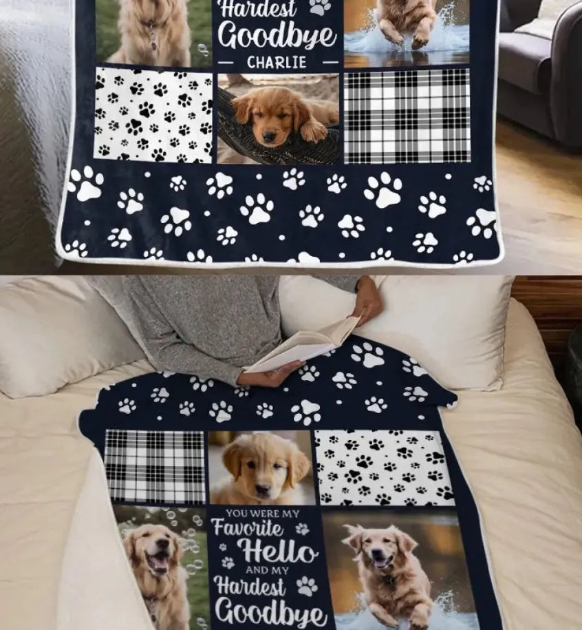 White polyester flannel pet dog blanket shown in a home setting.