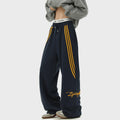 Men's striped loose straight-leg casual pants in black, white gray, or navy blue, polyester stretch fabric, sizes M to XXXL