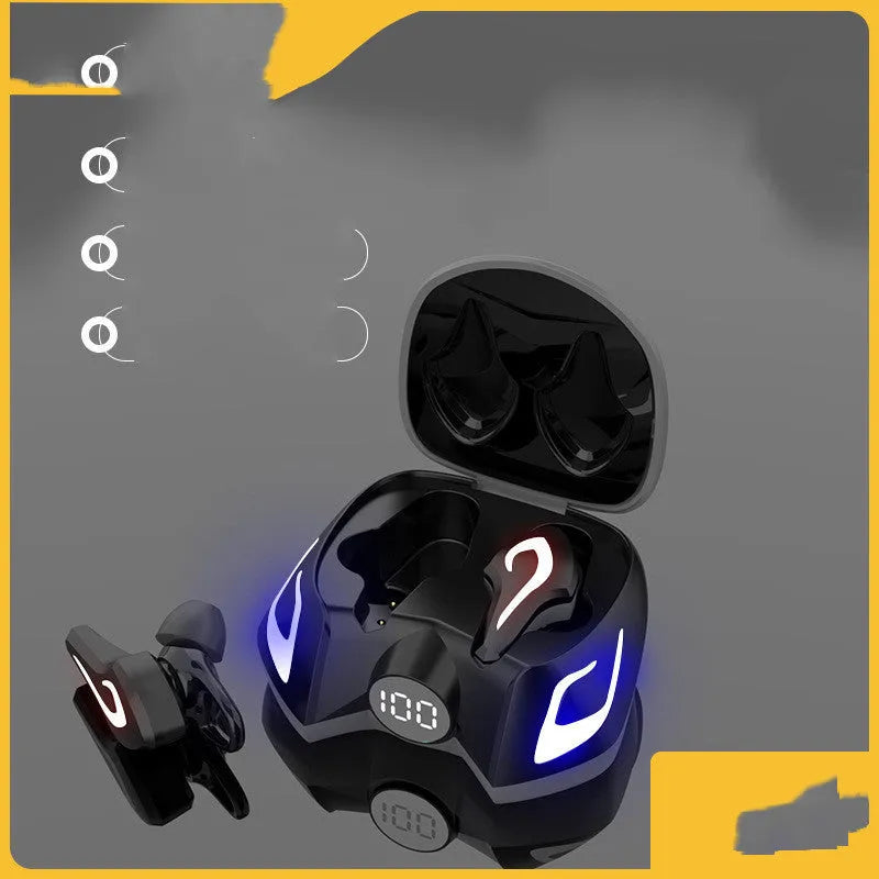 Colourful wireless Bluetooth gaming headset with earplug-style earpieces in yellow, black, and grey variants.