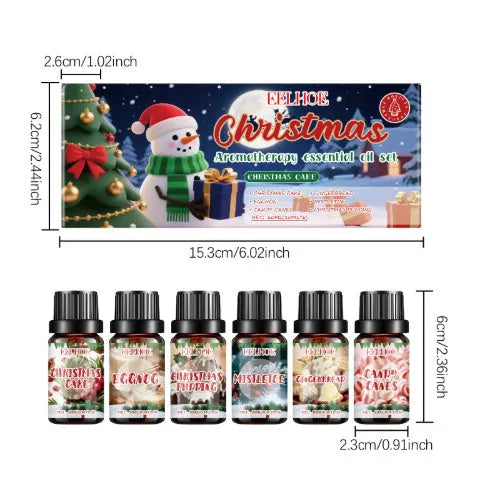 Christmas aromatherapy oil set showing six 10ml bottles with total 60ml volume for warm home fragrance