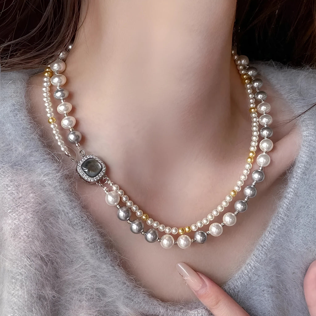 Double-layer pearl necklace with micro-inlaid square pendant and electroplated finish for women 43cm