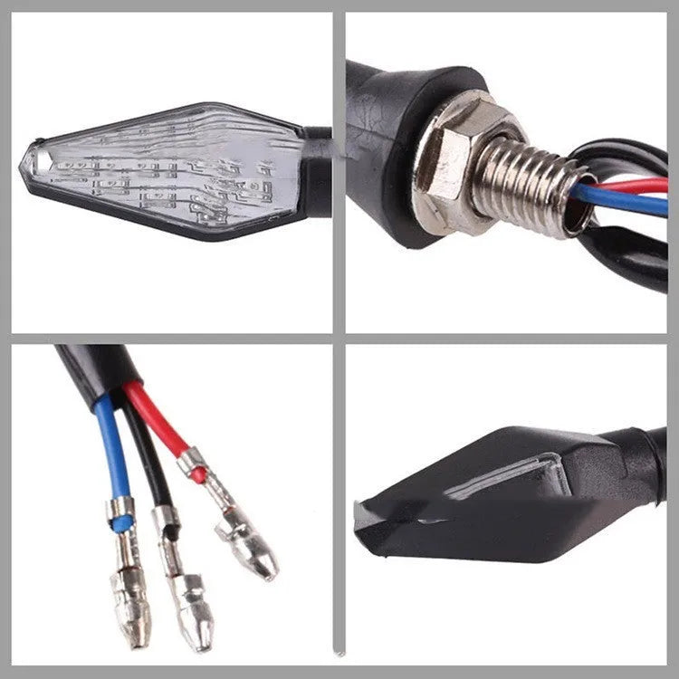 Motorcycle double-sided LED turn signal lights in yellow and blue colour options