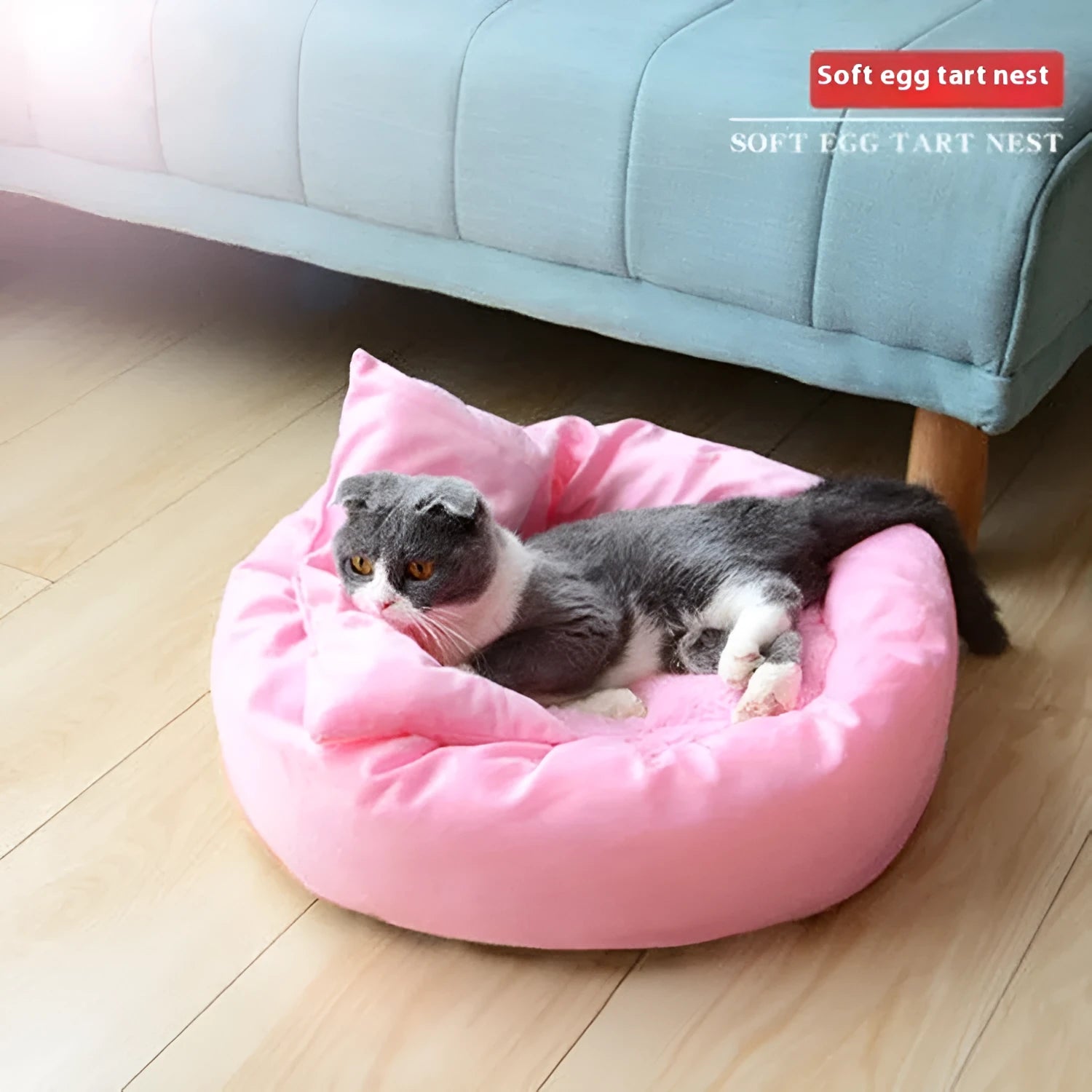 Soft light grey cotton-filled dog bed for a small dog, showing cloth material and round shape.