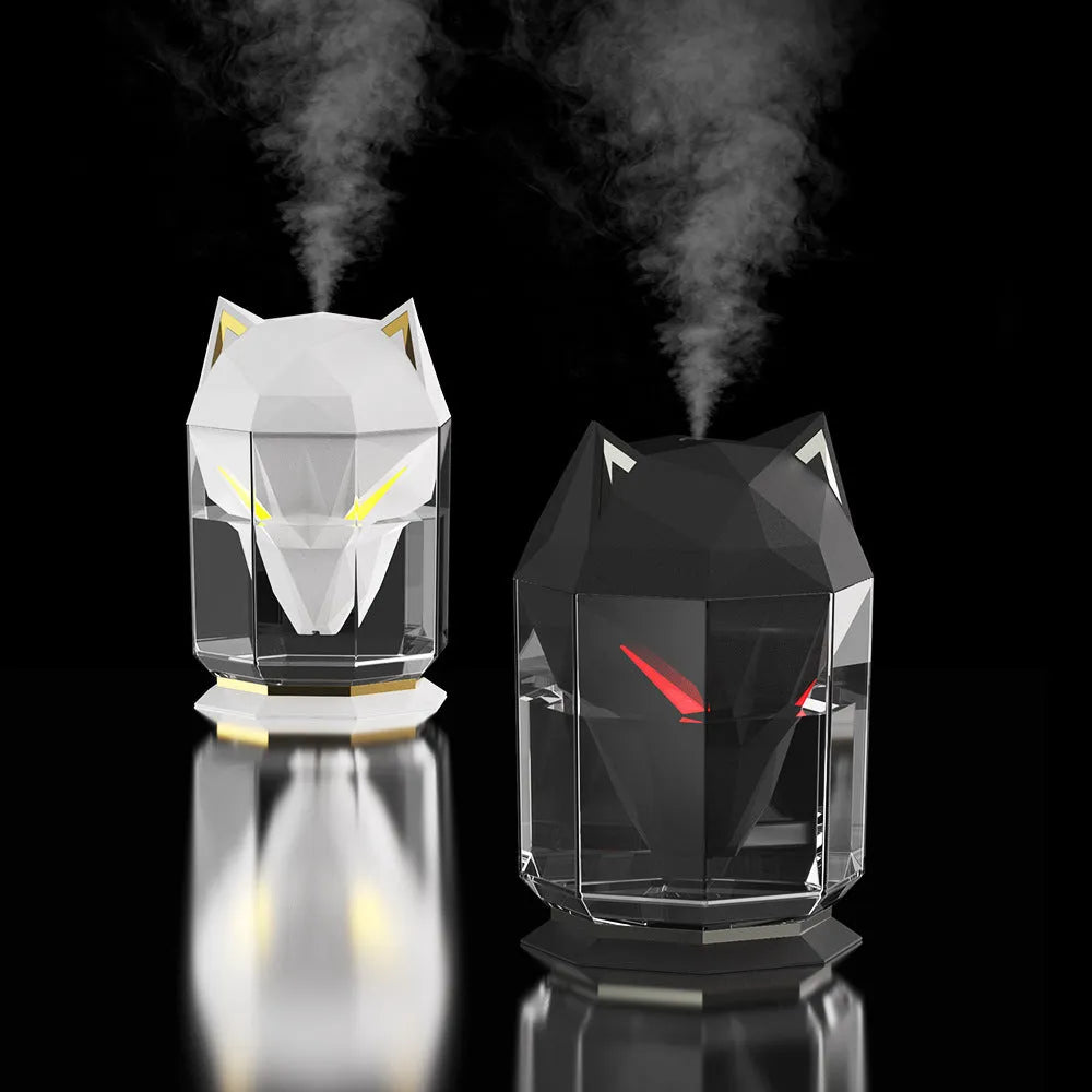War Wolf black or white desktop ultrasonic humidifier with LED lights and USB cable.