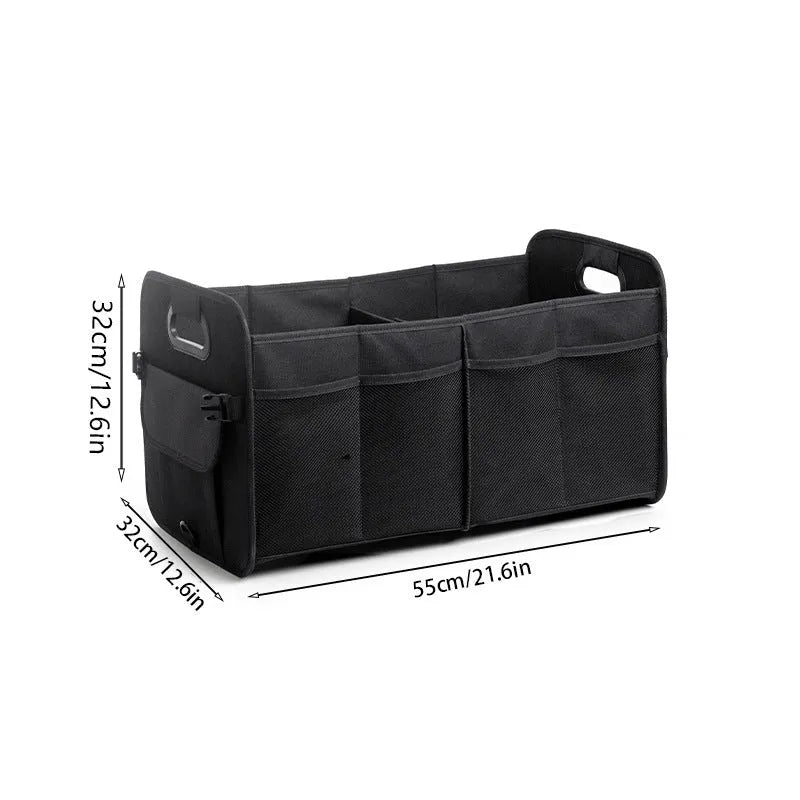 Foldable multi-compartment car trunk storage box with handle in black colour
