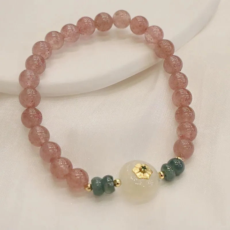Women's strawberry quartz bracelet with blue water emerald round jade pendant, geometric diamond design with Ruyi and peace buckle elements