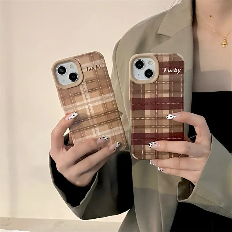 Silicone anti-fall phone case with embossed light coffee plaid lucky letter design for iPhone 13 Pro
