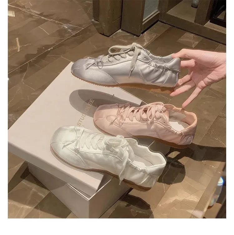 Women's ballet style satin sports board shoes with round toe and front lace-up in three colour options