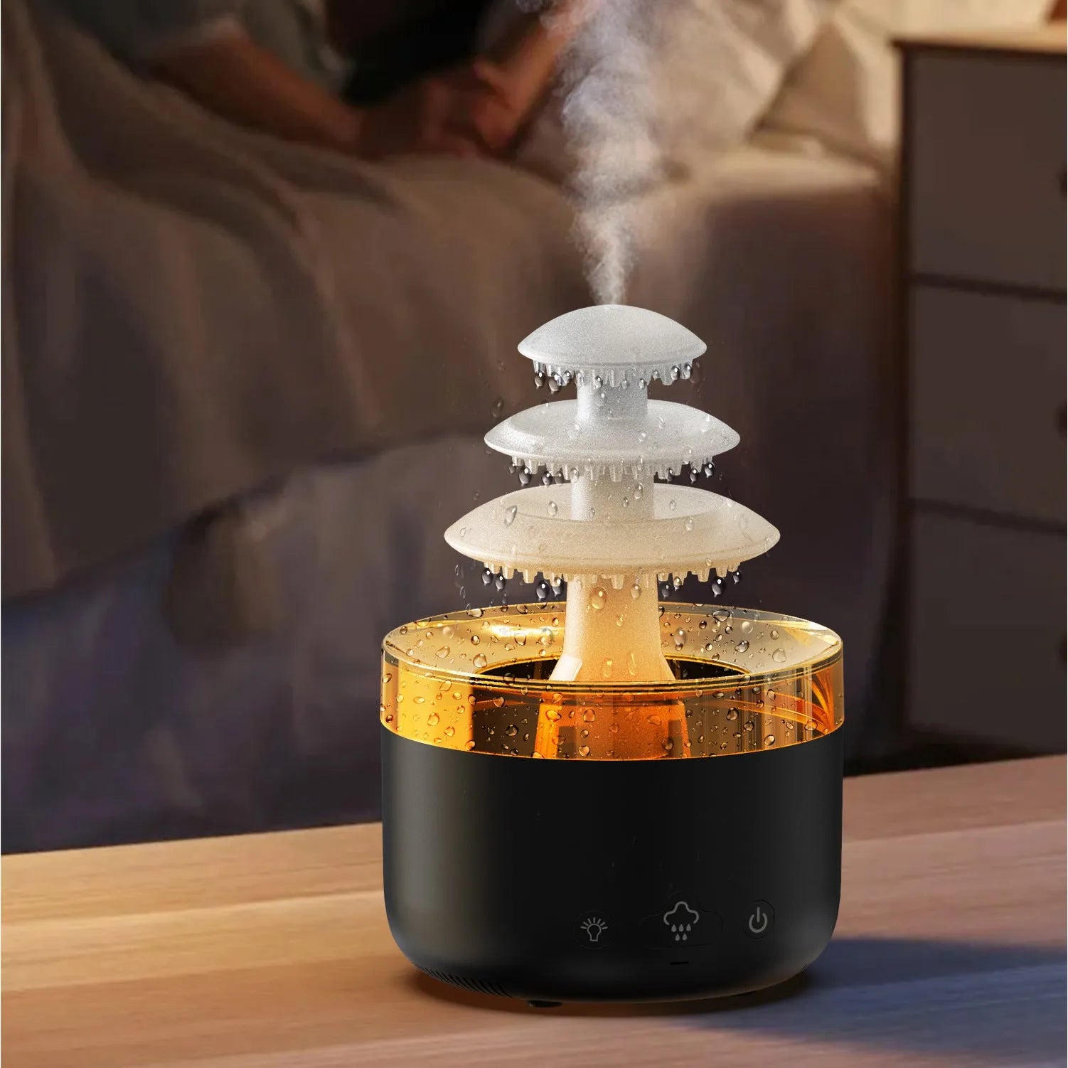 White plastic cloud rain effect USB air humidifier and essential oil diffuser with coloured lights.